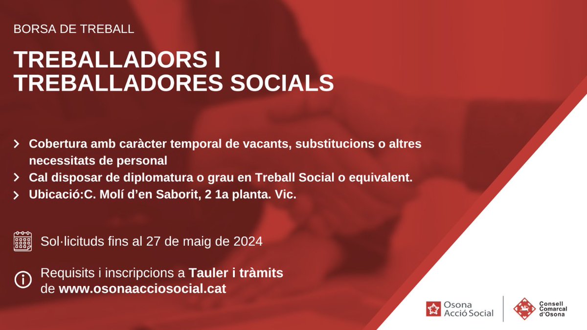 📌 Borsa de treball de treballadors i treballadores socials a #Osona Acció Social.

◾️ Contractació temporal per cobrir vacants, substitucions o altres necessitats.
🗓️ Sol·licituds fins al 27 de maig. 

ℹ️👉 i.mtr.cool/qfofhifseo