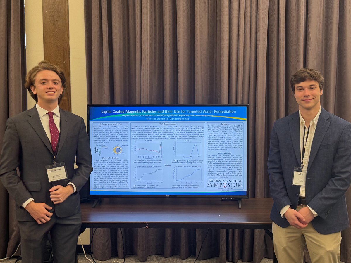 keishabwalters's tweet photo. Congrats to Benjamin Hopkins (biomed engineering) and John Verdaris (chemical engineering), @Walters_PolyNEL researchers! They won 1st place for their Honors College Research Symposium poster presentation. Kudos, too, to mentors Kayla Foley and Olufemi Ogunjimi! https://t.co/V18iwsBhJ7