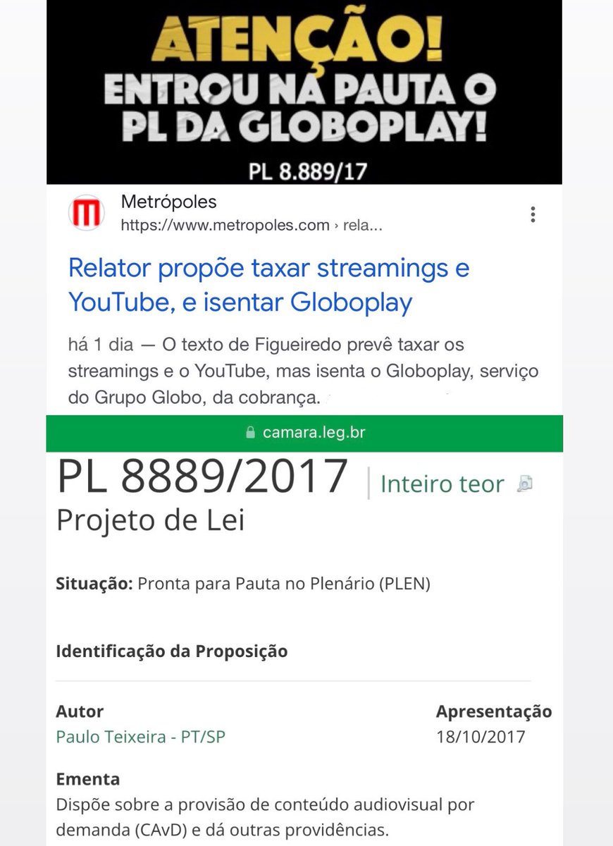 URGENTE!

POR QUE UM PL DE AUTORIA DO PT QUER ISENTAR A GLOBO DE PAGAR IMPOSTO?

PL 8889/17 é de autoria do deputado Paulo Teixeira do PT/SP.

camara.leg.br/proposicoesWeb…

camara.leg.br/proposicoesWeb…

#PLDaGloboNÃO