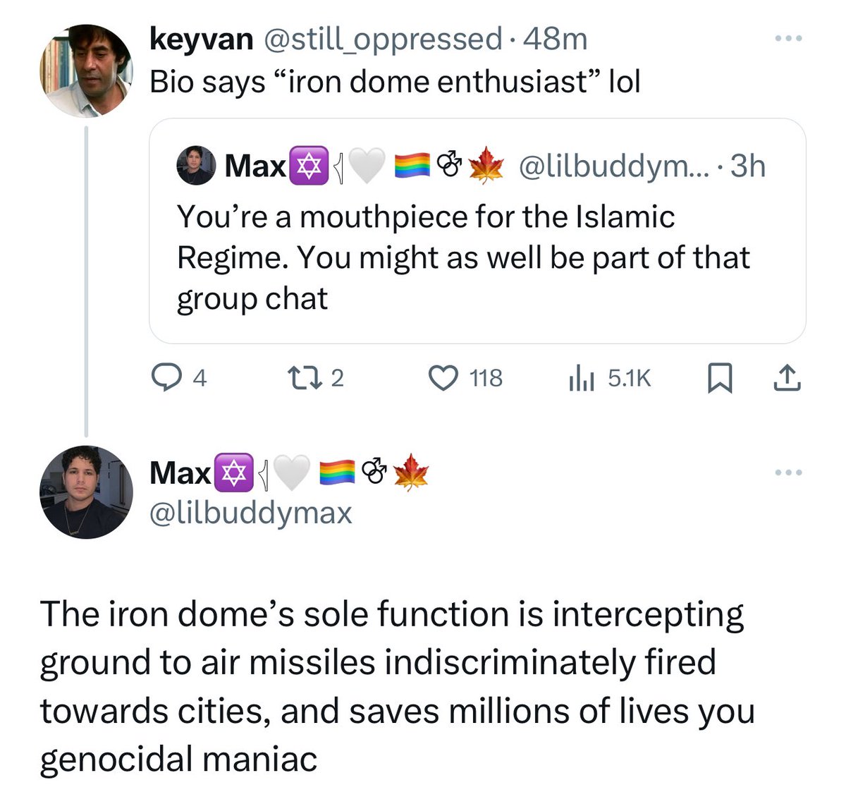 It’s always interesting when a hardcore Zionist says “I’m grateful for the Iron Dome because it stops the indiscriminate bombing of cities.” Okay. That’s great. So you oppose the indiscriminate bombing of cities?