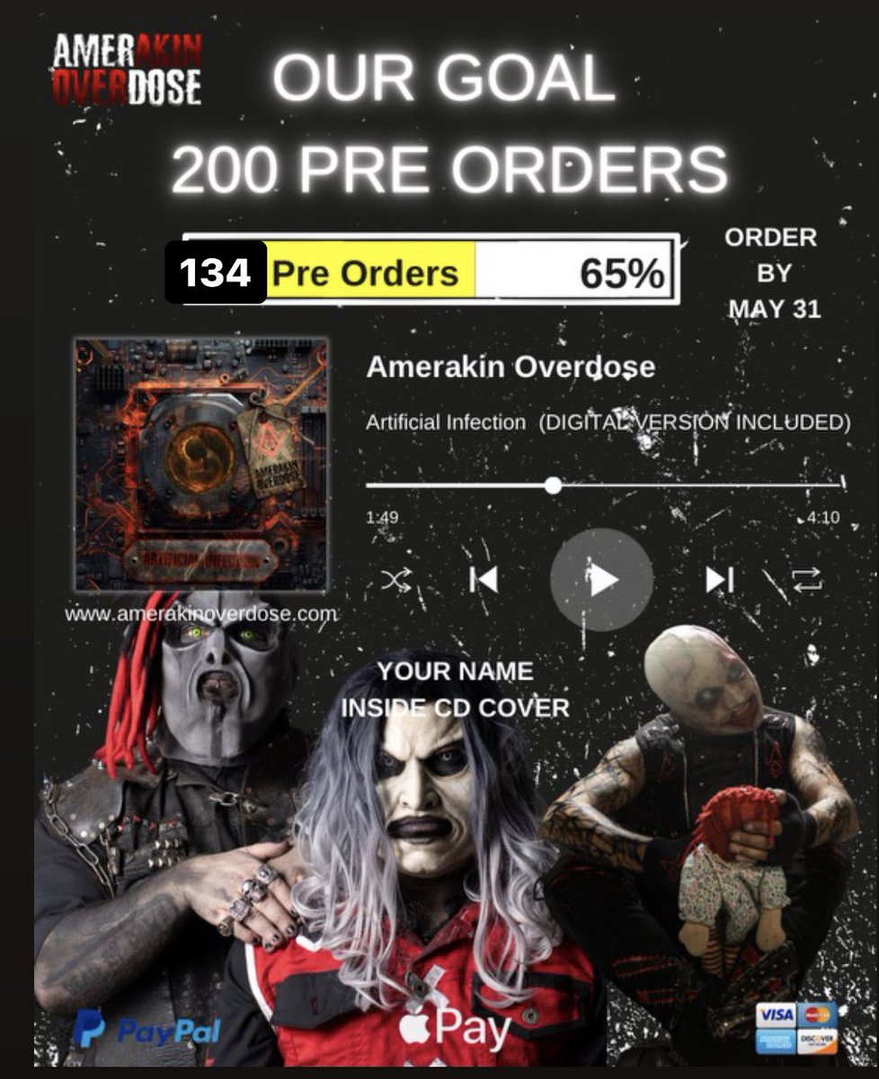 We are now at 134 Preorders. Thank you Danny Neill for the recent purchase!! Friends help by preordering the album!You get your name printed on the album. The band will sign your copy and well send you some extras. You have until May 31st for this offer amerakinoverdoseband.com/product-page/a…