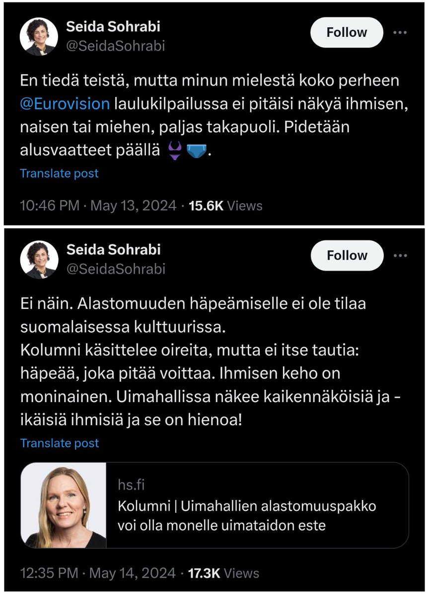 #SeidaSohrabi, #kokoomus: Eilen illalla: 'Pidetään alusvaatteet päällä!' Tänään päivällä: 'Alastomuuden häpeämiselle ei ole tilaa suomalaisessa kulttuurissa!' 🤷