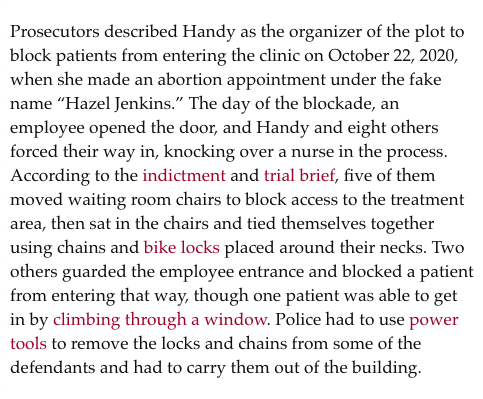 Anti-abortion groups will try to spin Lauren Handy as a sweet little protestor (left). The DOJ alleges that she was the ringleader of one of the most brazen clinic blockades in decades where people tied themselves together using chains and bike locks jezebel.com/fetus-stealing…