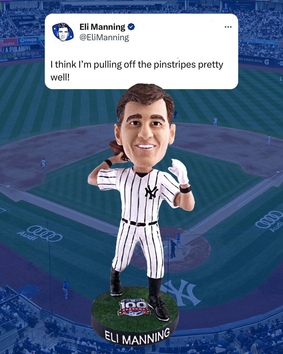 The Yankees are giving away an Eli Manning bobblehead for 'Giants 100th Season Day' on August 4th Eli approved of his look 😂