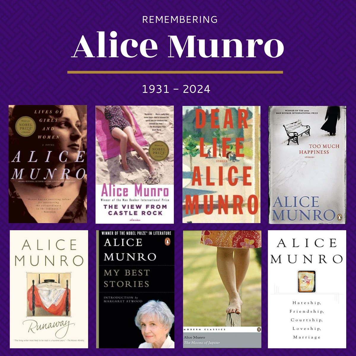 We are saddened to hear of the passing of Canadian Author, Alice Munro. Munro wrote for over 40 years, winning the Giller Prize, the Governor General's Award, Rogers Writers' Trust & the Trillium book award. To explore her work visit ➡️cpl.social/CPLStaffPicks #Caledon