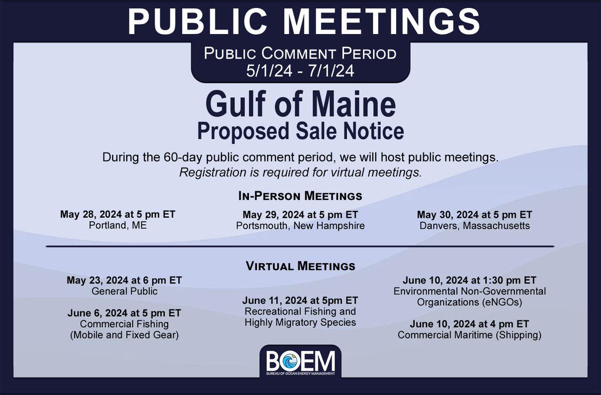 The public comment period for the Gulf of Maine Proposed Sale Notice is open until July 1st. We are hosting in-person and virtual public meetings to inform our development of a potential lease sale in the region. Details: ow.ly/3ZtR50RG7tP