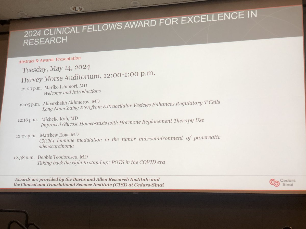 The future is bright! Happening now at #CedarsSinai, the four finalists of our hospital-wide trainee research competition about to present their work. Top two win🏆! Dr Mariko Ishimori is our emcee. Four finalists and titles below.