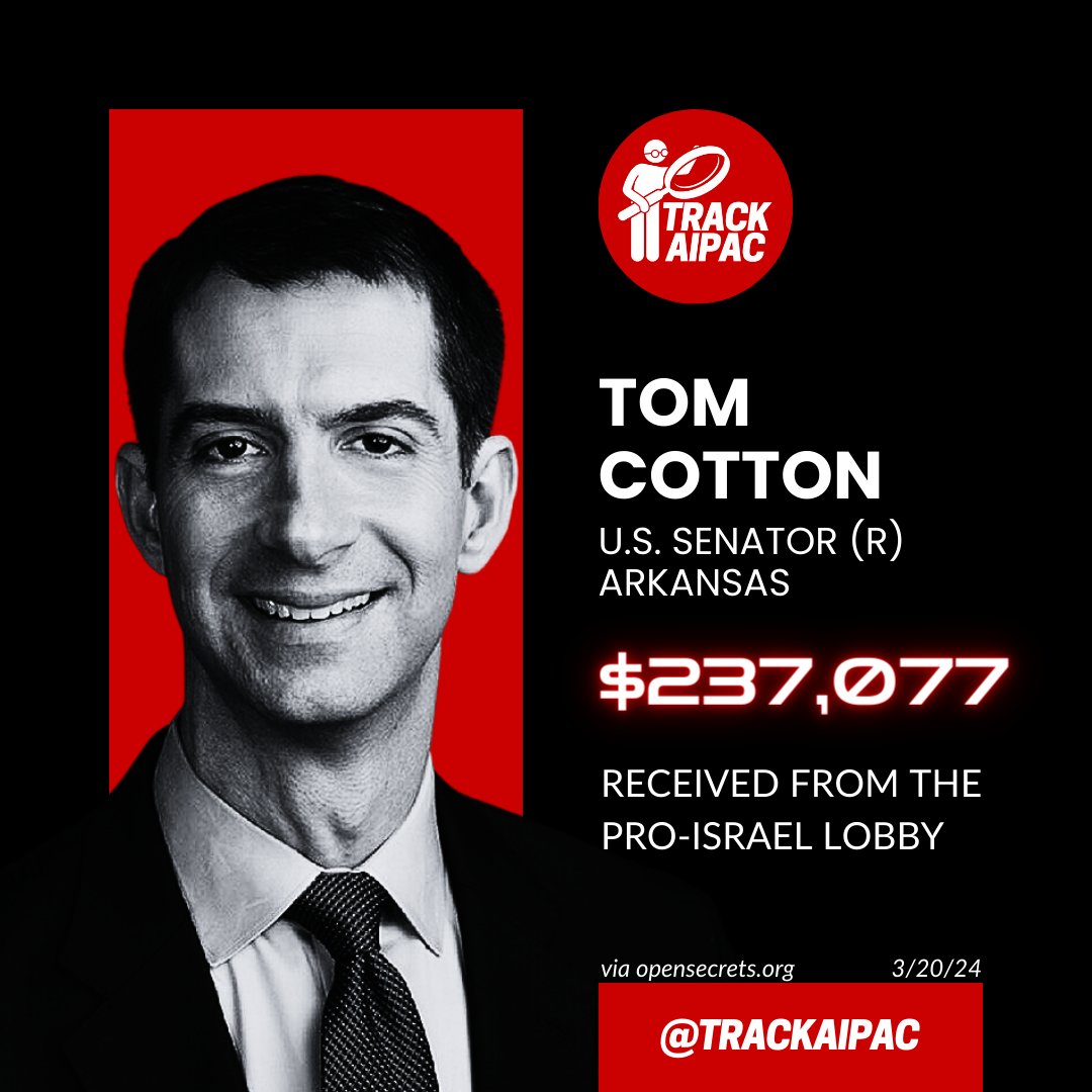 @TomCottonAR Tom Cotton is paid to spew Israeli propaganda 🤑