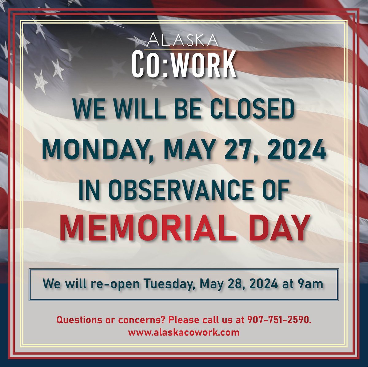We will be CLOSED on May 27th for Memorial Day! If you need to reserve space on this day, please contact our office prior to set things up at (907) 751-2590.
.
.
.
#alaskacowork #memorialday🇺🇸 #coworkingcommunity #officespace #officespaces #coworkingspace #coworkingspaces