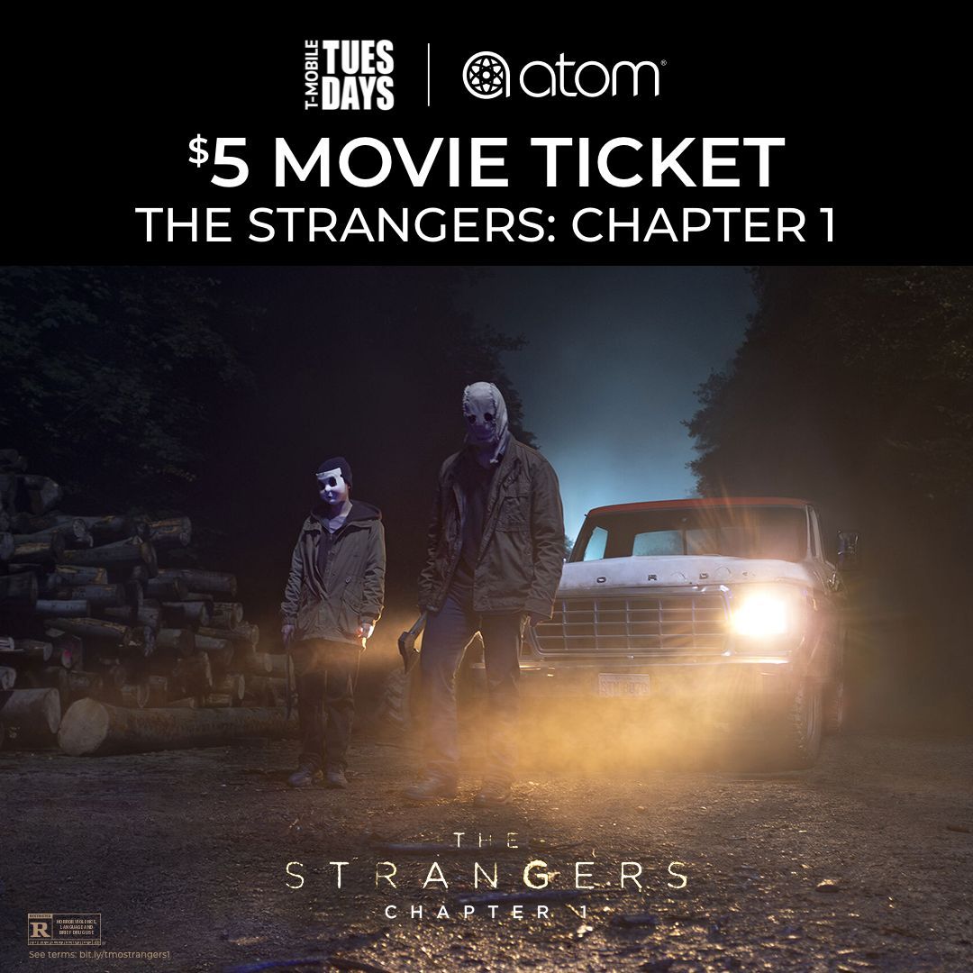 Knock knock, @TMobile customers! Get a $5 ticket to see #TheStrangersMovie Chapter 1, only in theaters Friday! Save your discount in the Tuesdays section of the T Life app, then redeem it on the #AtomTickets app by Sunday.