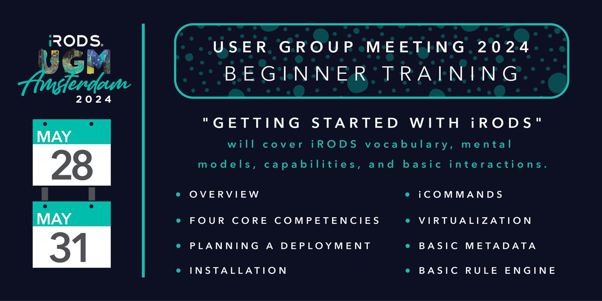 On May 28, the #iRODSConsortium Team will provide training sessions for those who attend the #iRODSUGM in person. The Beginner Training will cover #iRODS vocabulary, #mentalmodels, capabilities, and basic interactions. #DataStorage #DataManagement irods.org/ugm2024/