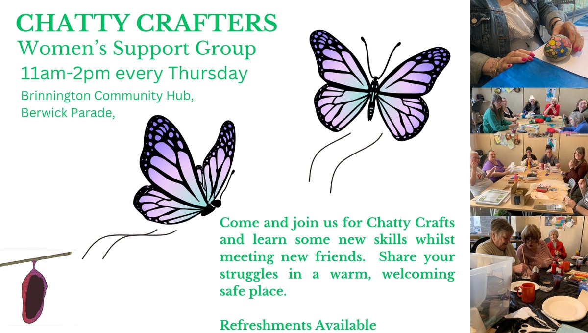 Brinnington's first women's craft & support group is back at the Hub tomorrow from 11am! If you're a woman in need of support, someone to talk to, or just 10 minutes peace, the Chatty Crafters would love to see you. @AgeUKStockport @skylight_sk @SMBC_Community @GroundworkGM