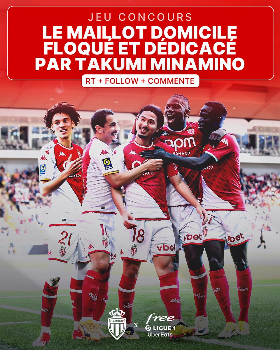 [#JeuConcours 🎁] L'AS Monaco est qualifié en Ligue des Champions ! Pour fêter cette belle saison, on vous fait gagner le maillot domicile floqué et dédicacé par... Takumi Minamino 🇯🇵😍 Pour participer : ➡️ RT + Follow @FreeLigue1 et @AS_Monaco ➡️ Commente le post #ASMonaco 🇲🇨