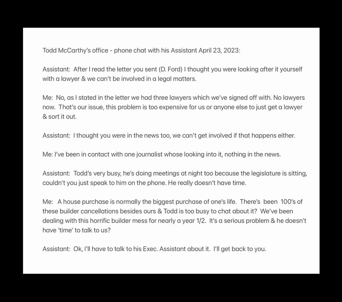 GayleDudeck's tweet image. Yes @ToddJMcCarthy talks out of both sides of his mouth.  
See conversation I had with his office assistant, April 2023 after sending him numerous emails, letters, v/m messages.
I never heard back from him or anyone else at his office. @RakocevicT @jennkfrench #FordandFriends