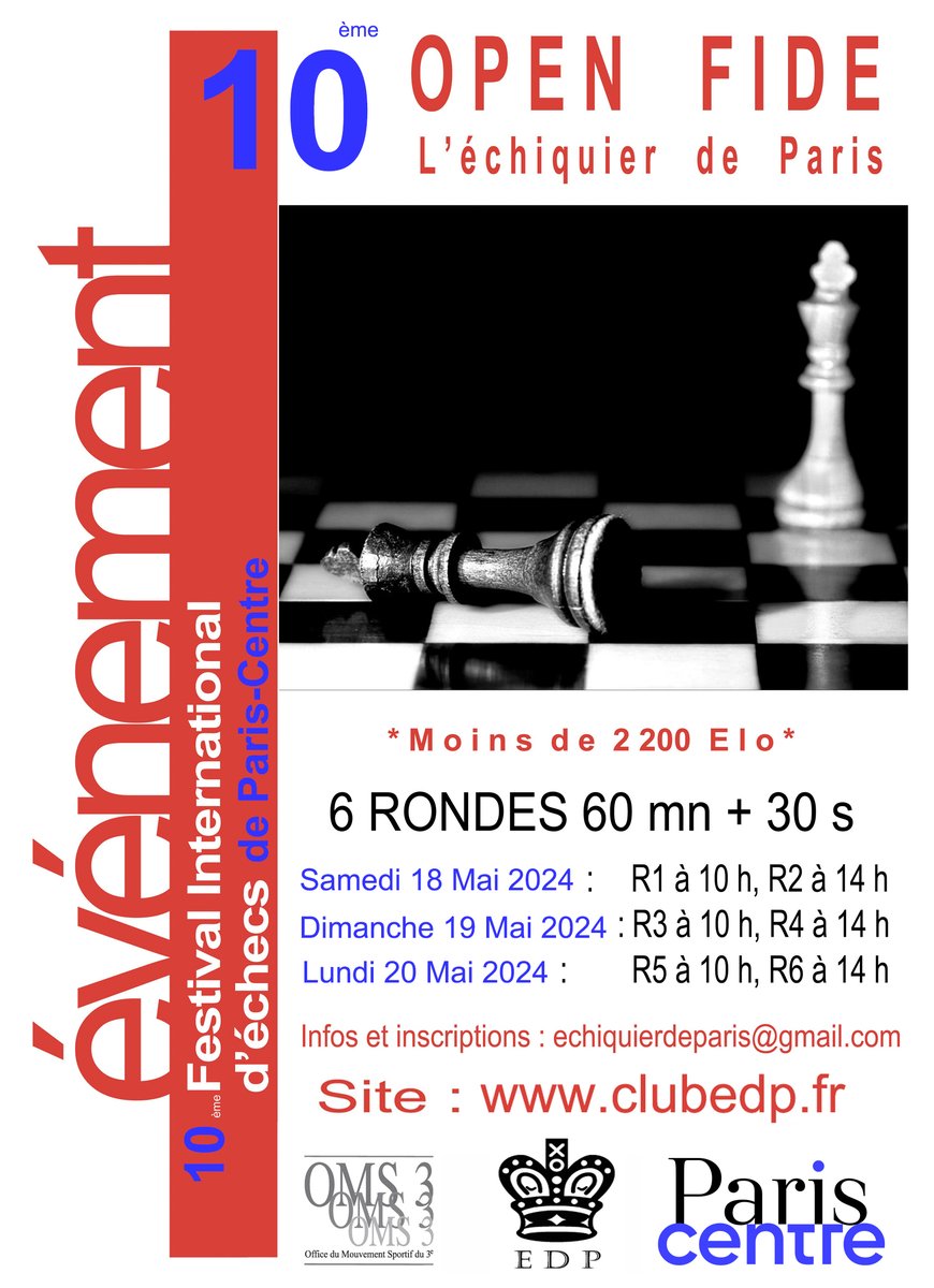 echiquierparis's tweet photo. 10ème OPEN FIDE de Paris-Centre, du 18 au 20 Mai 2024, il reste très peu de places ! https://t.co/ocLsm1iI76 @ffechecs @EloiRelange @MParisCentre @EuropeEchecs @CanalEchecs https://t.co/FT3qpbeQOc