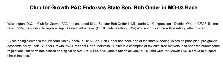 #MO03: Club for Growth endorses state Sen. Bob Onder (R) in the race to replace retiring Rep. Blaine Luetkemeyer (R)