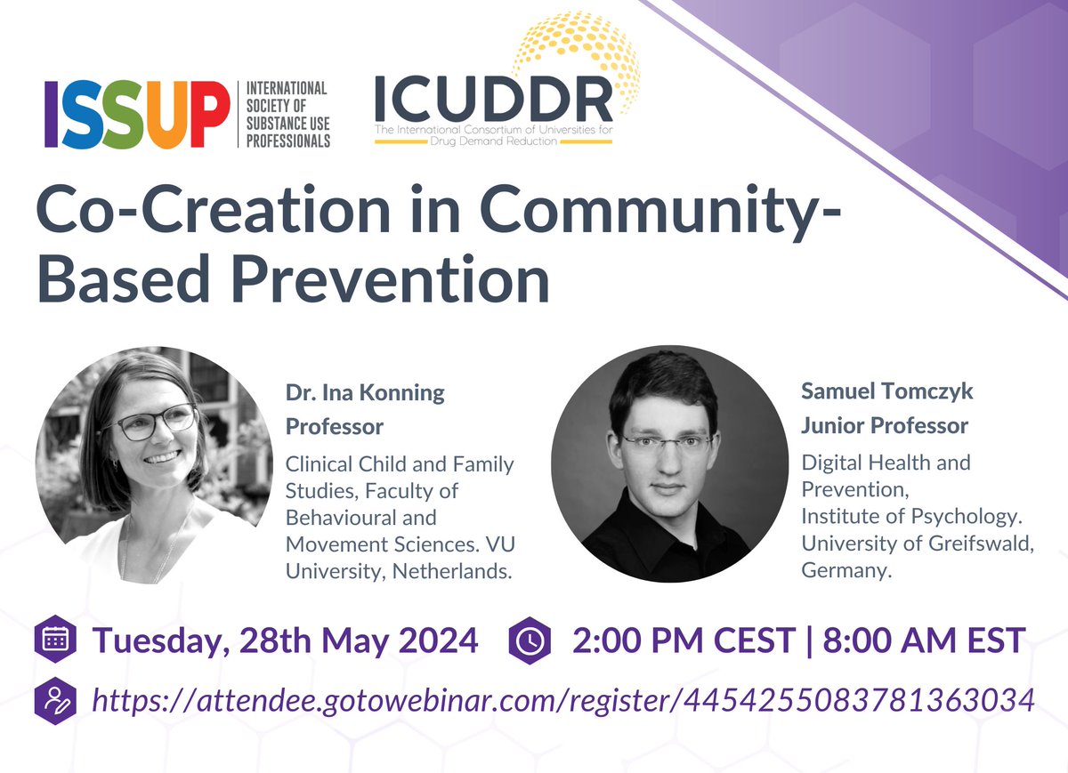 ICUDDR and ISSUP - International Society of Substance Use Professionals are hosting the webinar, Co-Creation in Community-Based Prevention on Tuesday, May 28th @ 8:00 am EST. For more information and to register, go here: issup.net/events/calenda… #ICUDDRWebinar #ICUDDR #ISSUP
