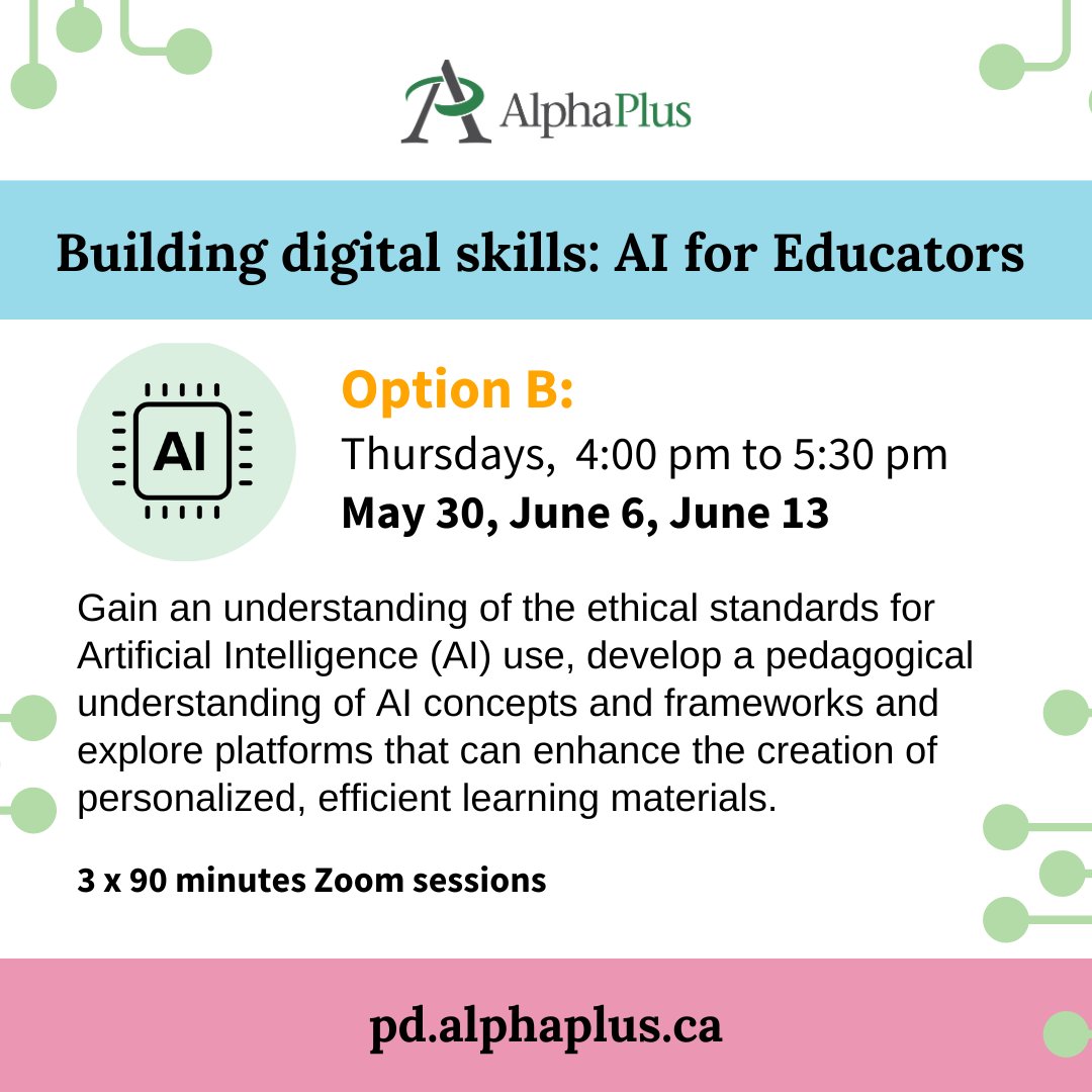 Missed our 'AI for Educators' sessions? Option B starts on May 30 from 4 pm to 5:30 pm. These 3 sessions will boost your knowledge and use of AI in the teaching context. pd.alphaplus.ca/training-outli…
#AI #ProfessionalTraining #TechEducation #FutureReady #LiteracyON #LBS #AI #AIinLBS