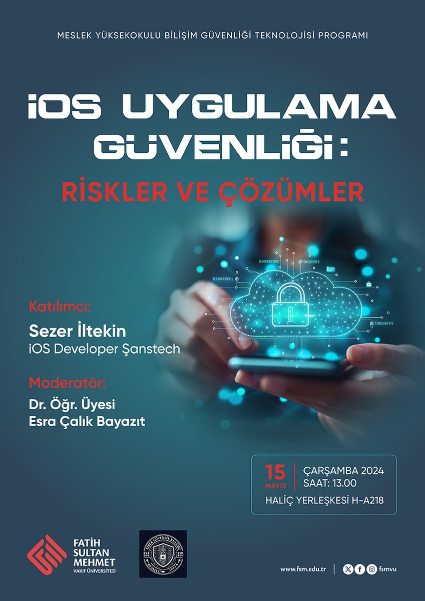 Yarın Fatih Sultan Mehmet Vakıf Üniversitesinde iOS Uygulama Güvenliği konulu bir sunum yapacağım 🚀