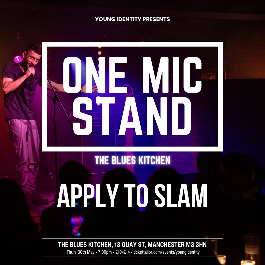 Calling Manchester's performance poets - apply to slam with a chance to win £100. Night of music and poetry with special guests headliners. Three minutes to wow industry judges! 🗓️ 30th May @TheBluesKitchen 🎫 Apply & Tickets: youngidentity.org/one-mic-stand ❌ Deadline: 19th May