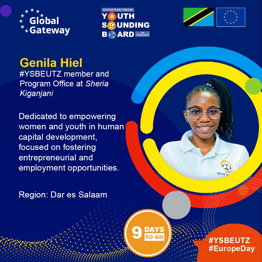 Meet @MsGenila, a member of the EU – Youth Sounding Board in Tanzania, passionate about empowering women and youth in human capital development. 

Only 9️⃣ days to go until the official launch of the #YSBEUTZ and the celebration of #EuropeDay #Engage #Empower #Connect
