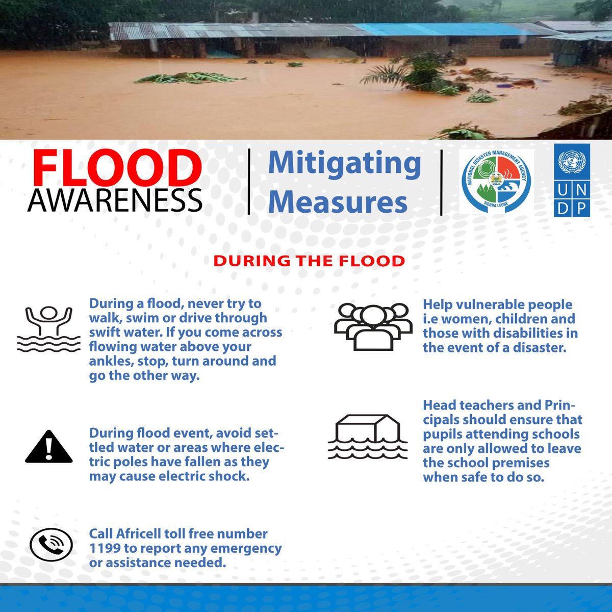 The 🌧️🌧️🌧️ season is upon us! Let’s proactively prevent floods and be prepared. From clearing drains to having an emergency plan, every small step counts. Together with @ndmasierraleone, we’re sharing key flood prevention and mitigation steps. @FredAmpiah @UNSierraLeone