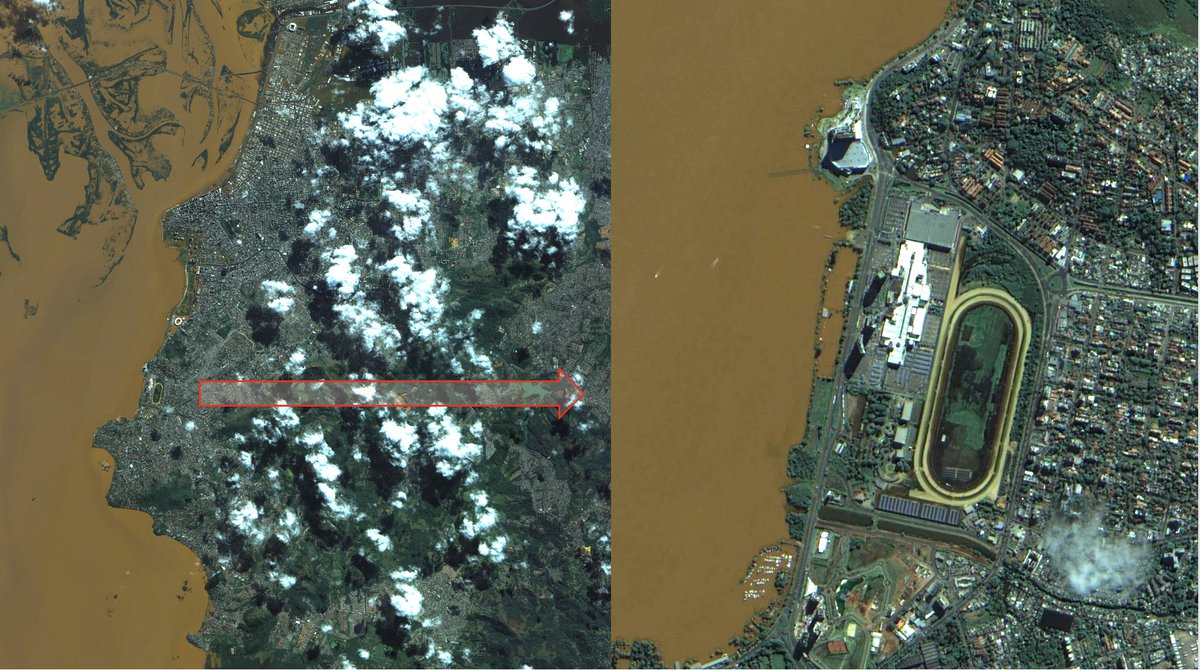 VinhasLubia's tweet photo. Imagem de Porto Alegre, da câmera WPM a bordo do satélite #CBERS4A  operado pelo@inpe_mcti, em 09/05/2024.  Com a fusão das bandas temos um produto de 2 m de resolução espacial. Essa cena foi gerada pelo Emiliano Castejon. https://t.co/p4VVYBs8jA