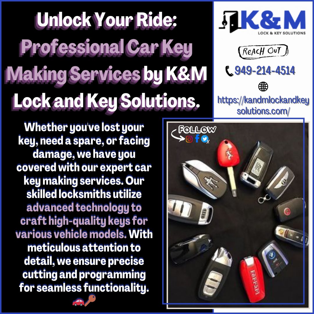 KandM_Lock's tweet image. 🔑🚗 Need a new car key? Whether it's lost, damaged, or just for peace of mind, K&amp;amp;M Lock and Key Solutions has you covered! Our expert locksmiths use cutting-edge technology to create high-quality keys for all vehicle makes and models.

#KeyMasters #UnlockYourRide #Locksmith

1/2