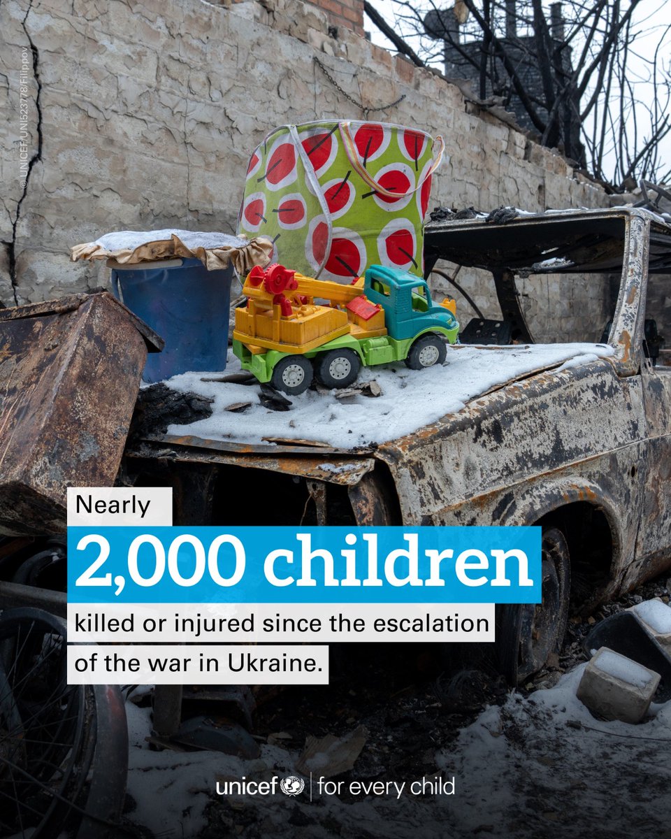 Ukraine: Nearly 2,000 children have been killed since the full-scale Russian invasion. Children are #NotATarget. @UNICEF reiterates its call for the protection of children & an immediate ceasefire. unicef.org/press-releases…