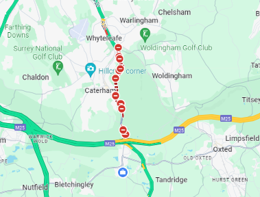 ONGOING: #Caterham: #A22 Caterham Bypass closed both ways following a fuel spillage between the #B2208 Croydon Road (Wapses Lodge Roundabout) and the #M25 J6 #Godstone: Bus Routes 407, 434 and 439 on diversion
