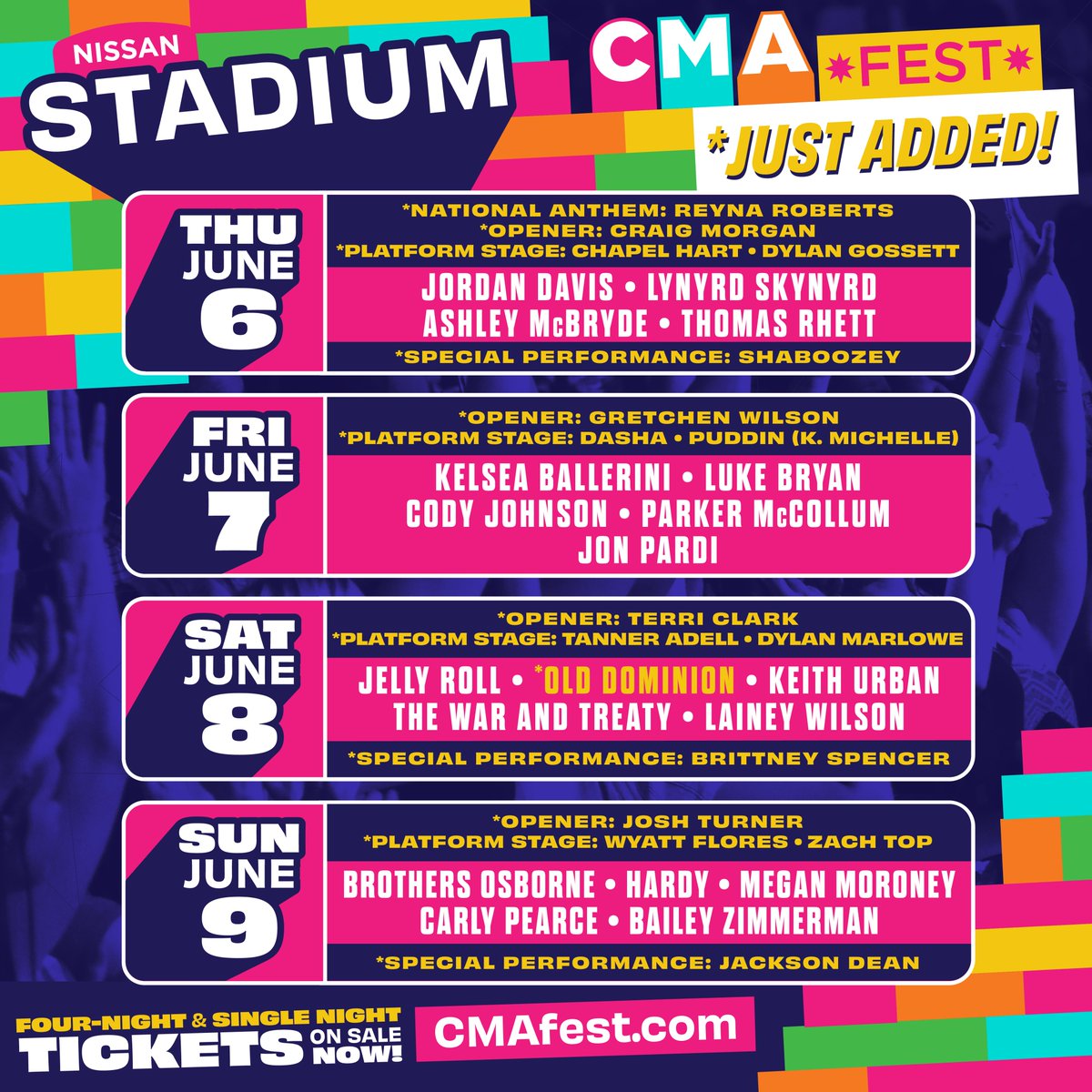 Oh, you thought we were done? 😏 JUST ADDED! #CMAfest just keeps getting better and better! With NEW additions you definitely won't want to miss, go check out the lineups now by downloading the CMA Connect app! 🎫: CMAfest.com/tickets