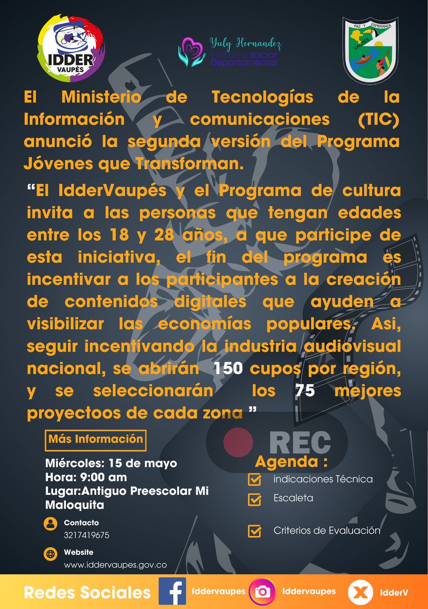 IdderV's tweet photo. 📷Atención Jóvenes!📷A partir de mañana  15 de mayo el Idder Vaupés y el programa de cultura  brindará asesoría profesional   de la convocatoria del programa "Jóvenes que Transforman"

https://t.co/8TkjfHfRsF https://t.co/f01HtKoWzX