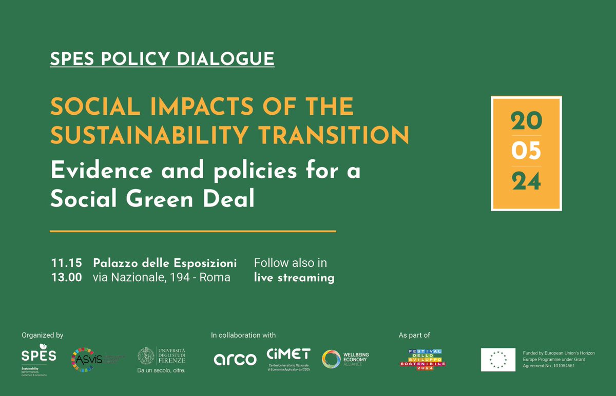 Join the SPES policy dialogue on the social impacts of the sustainability transition! 📅 20 May 📍Rome/online What is the risk of a rollback of the social dimension of the #EGD? Why is research key for good policymaking? Find out more & register 👉sustainabilityperformances.eu/social-impacts…
