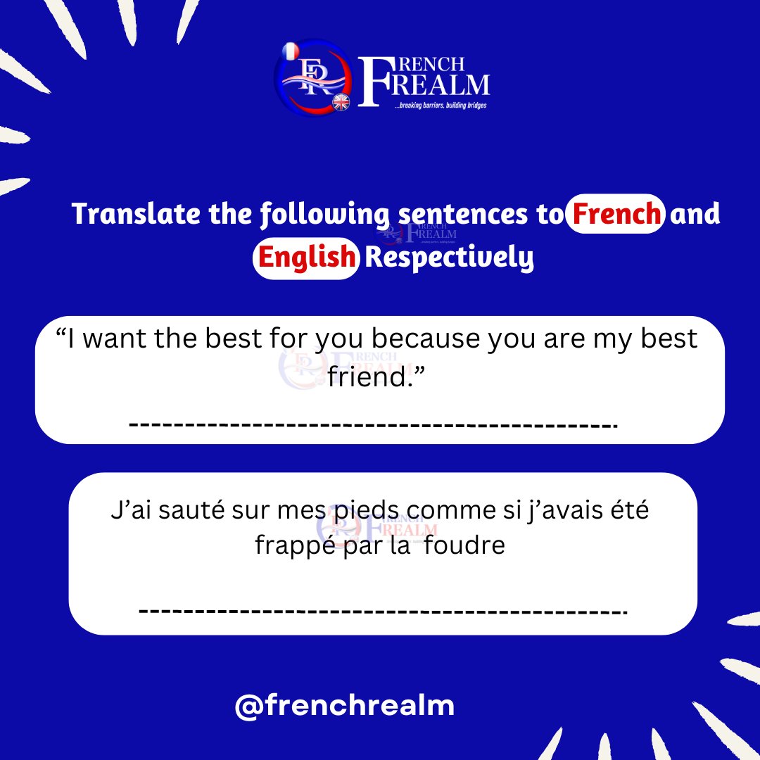 FrenchRealmFR's tweet photo. Are you confident about your French skills? Test your skills by translating the sentences in English and French, respectively, in the comment section below! πππ«π·
Merci...
#FrenchQuiz #FrenchLanguageChallenge #LearnFrench #Education #Quiztime #OnlineFrenchclass #TEF #Tefcanada https://t.co/aN44yO19tB