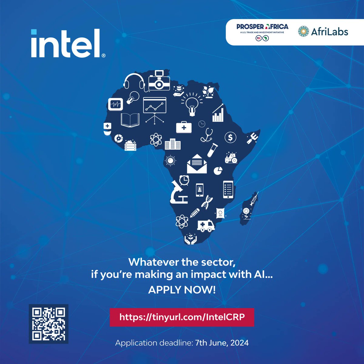 🌍 @Intel, @AfriLabs, and @ProsperAfricaUS are on a mission to harness the power of AI for positive change in various sectors. We're calling on innovators like you to submit your ideas in the following areas: 🎓 Education 🏥 Healthcare 🌾 Agriculture 💹 Fintech 📈 Digital