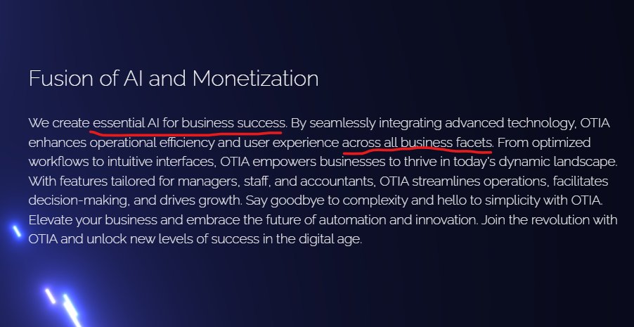EdwardGoh_CK's tweet photo. Significance of @OTIAAPP AI-Based SaaS:
Essential AI for business success... across all business facets. 
Let that sink in.

#OTIA #SaaS #ArtificialIntelligence #AI #EssentialAI #WorkflowRevolution #BusinessSuccess #Automation #Innovation