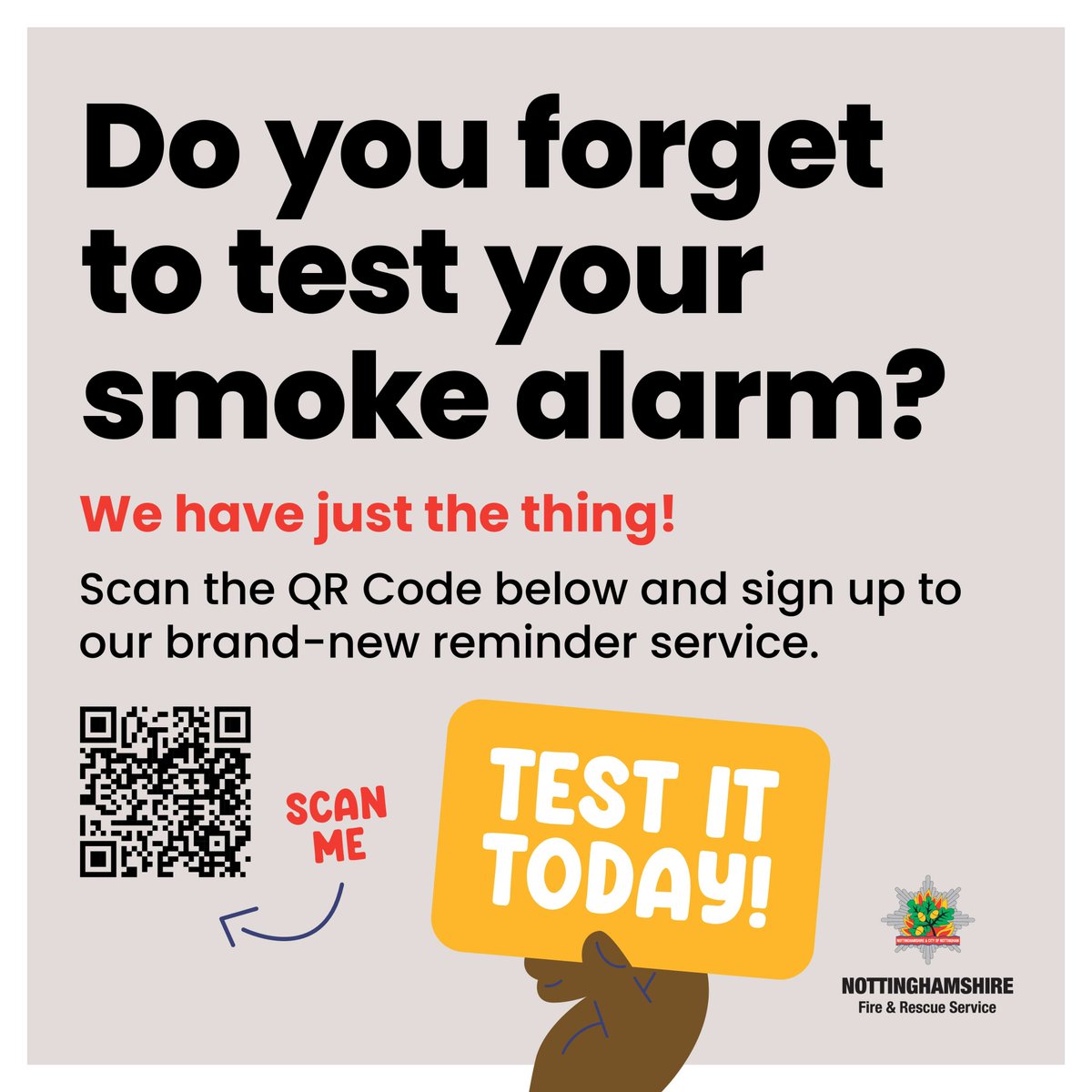Do you need a weekly reminder to test your smoke alarms❓ We have launched a new service to help you with this. All you have to do is sign up with your email, and we'll do the rest! Scan the QR code below, or sign up via this link 👉 notts-fire.gov.uk/press-to-test #TestItTuesday