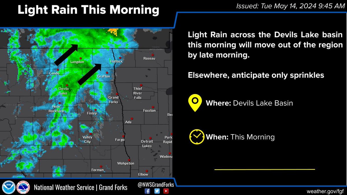 Light Rain will continue across the Devils Lake basin, ending by late morning. #MNwx #NDwx.