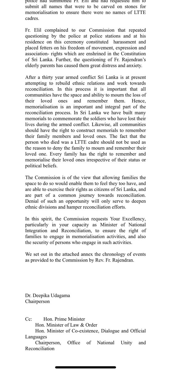 #Memorialisation #May18 In 2017, when people were prevented from remembering those killed in the war, the Human Rights Commission of Sri Lanka wrote to the President reiterating their right to memorialize. Sharing English translation of the letter.