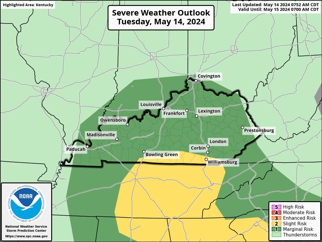 Despite the addition of a Slight Risk across far southern KY and through middle TN, our threats remain the same for CKY/EKY. Sct’d storms look likely through this evening, w/ a few strong storms possible. Winds, hail, heavy rain, and a rotating storm/iso’d spin-up possible. #kywx