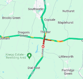 #WestGrinstead: #A24 Worthing Road blocked Southbound due to a fallen tree between the Buck Barn Crossroads and the West Grinstead turn off