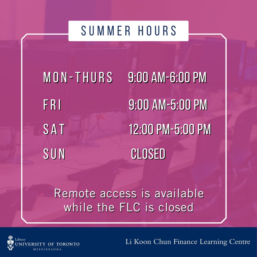 Welcome back, #UTM! We are switching to summer hours: Mon - Thurs: 9am to 6pm Fri: 9am to 5pm Sat: 12pm to 5pm Sun: CLOSED Remote access to software will be available while we are closed. To connect, check out FLC remote access page: bit.ly/3WKcIH9