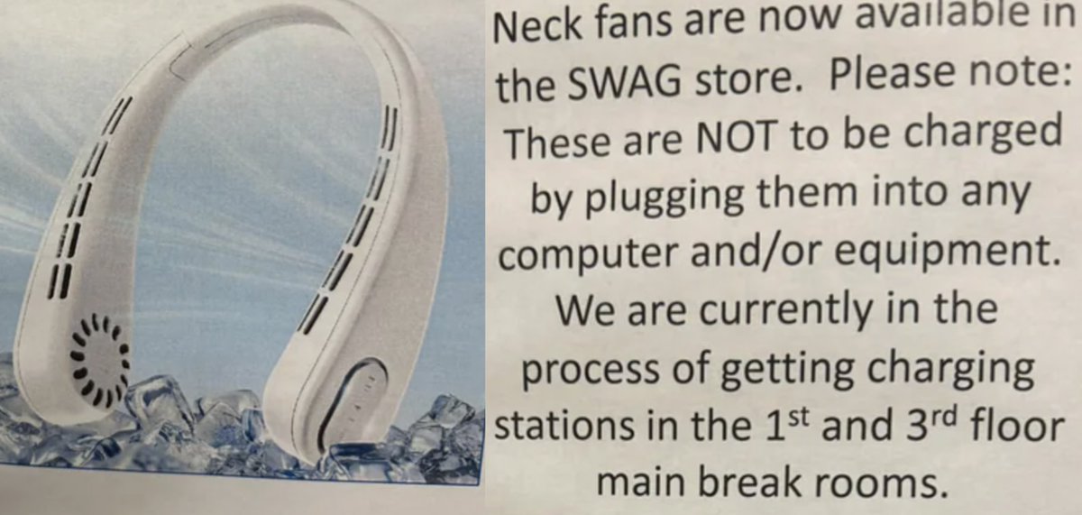Can't make this up: Some Amazon warehouses are now selling neck fans to employees so they don't overheat while they work. They can only buy them with 'SWAG Bucks,' which are earned for good behavior 404media.co/amazons-swag-s…