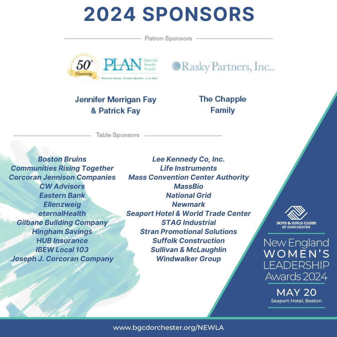 Thank you to our 2024 New England Women's Leadership Awards sponsors! Your generosity supports our Clubs and helps us continue our work of serving kids and families. 💙 Learn more at bgcdorchester.org/newla. #NEWLA2024 #WeAreDorchester