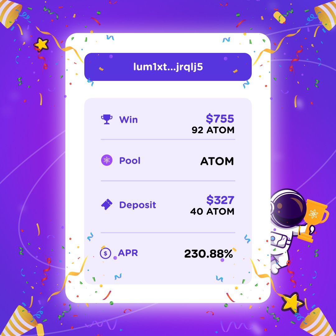 CosmosMillions's tweet image. 🏆 Boom ! Another grand prize on the $ATOM pool DRAW #46
Congrats to lum1xt...jrqlj5 who just got a 92 $ATOM prize!
Next time it could be you, deposit now on Cosmos Millions