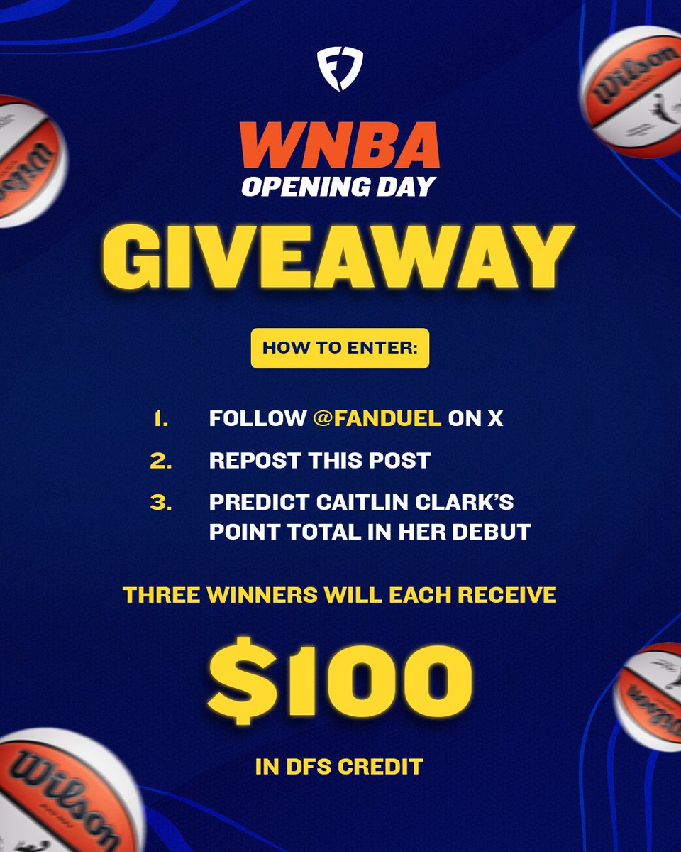 FanDuel's tweet image. 🚨 FANDUEL × WNBA GIVEAWAY 🚨

We're celebrating the start of @WNBA season by giving away $100 in DFS credit to THREE winners! 💰

1⃣ FOLLOW @FanDuel on X.
2⃣ REPOST this post.
3⃣ PREDICT Caitlin Clark's point total tonight.

Rules: <a style="text-decoration: none;" rel="nofollow" target="_blank" href="https://t.co/thuEWiAN1P">linktr.ee/FanDuel</a>

#WNBA | #IndianaFever