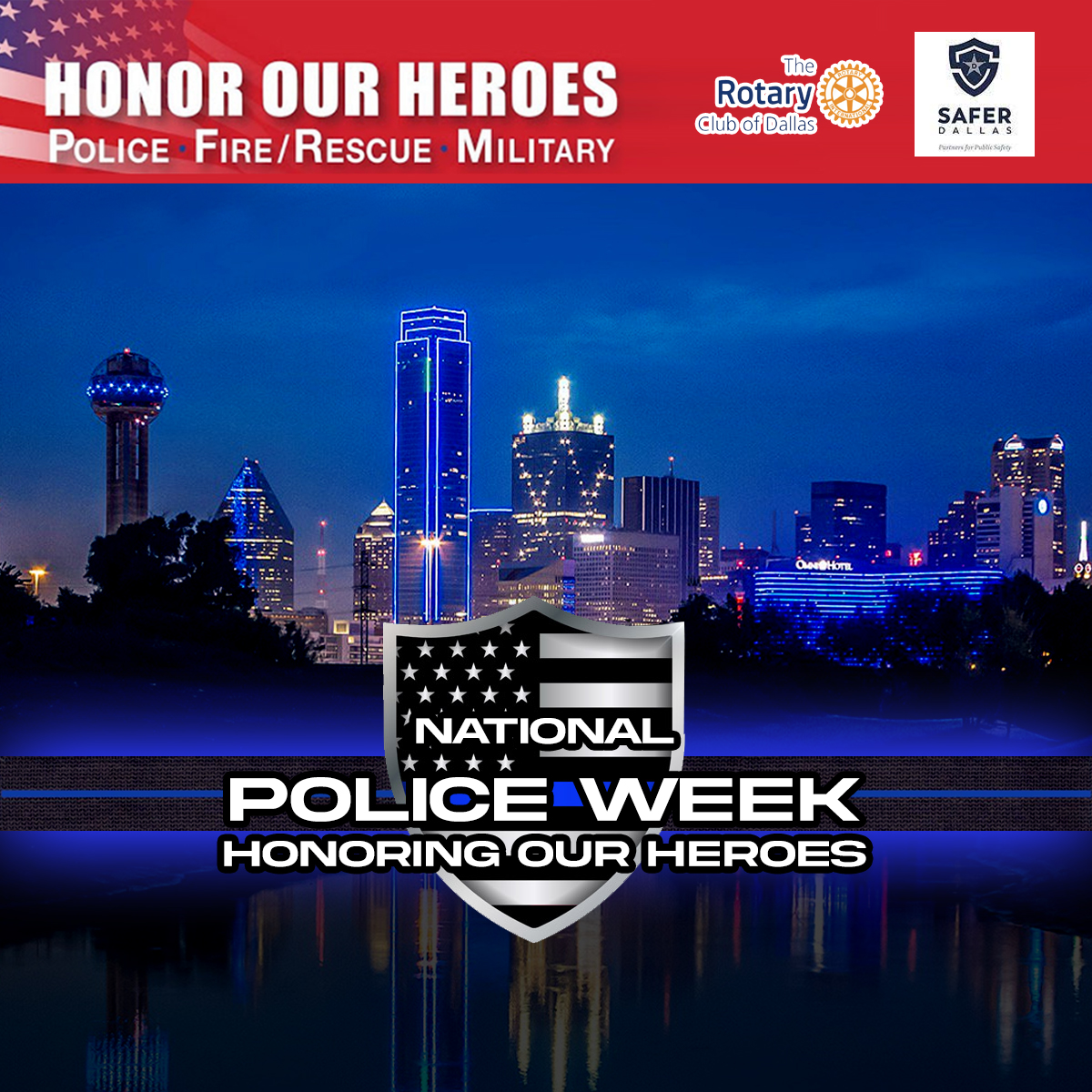 DallasPD's tweet image. On May 15 - the Dallas skyline will be lit blue in honor of law enforcement and National Police Week. #DallasPD