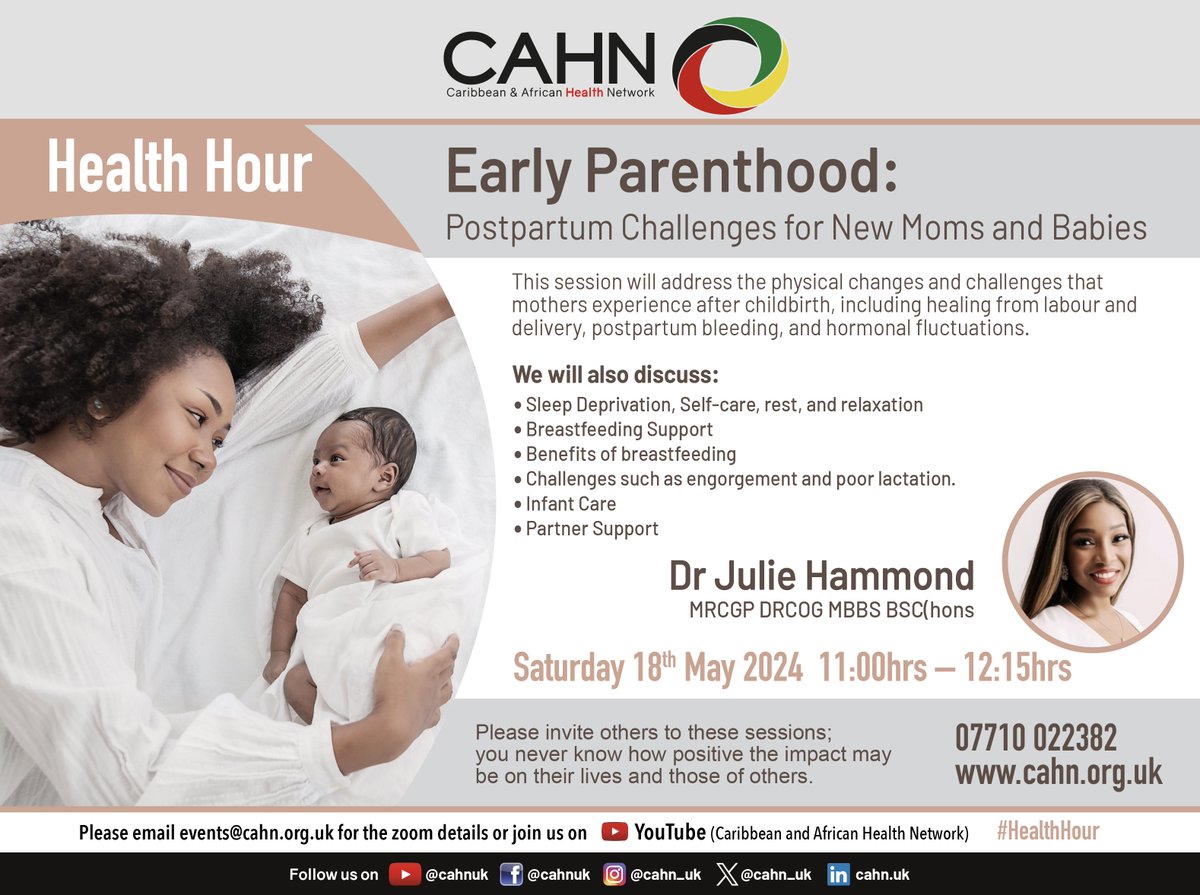 This Sat, join us for #HealthHour from 11am as we explore early #parenthood & address #postpartum challenges for new mums & babies with the expert help of Dr. Julie Hammond. There will be opportunities for questions, so bring those along, too! Sign up now: portal.cahn.org.uk/healthhour