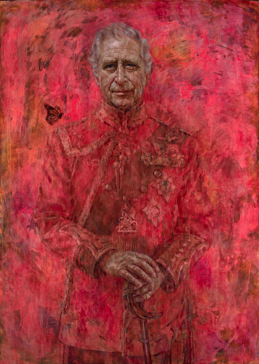 NEW: The King has unveiled the first portrait since the Coronation by artist Jonathan Yeo. 
Yeo, said he wanted to “communicate the subject’s deep humanity”, describing Charles as 'extraordinary and unique'.
An endangered monarch butterfly is seen over HM's shoulder. 
Thoughts?